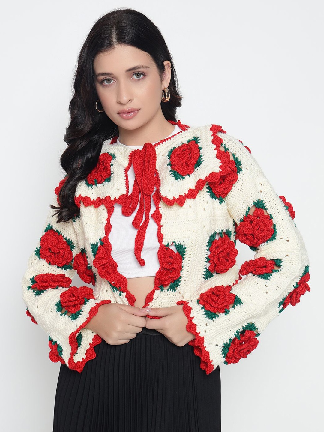 

Sugercandy Women Floral Ribbed Woollen Crop Cardigan, White