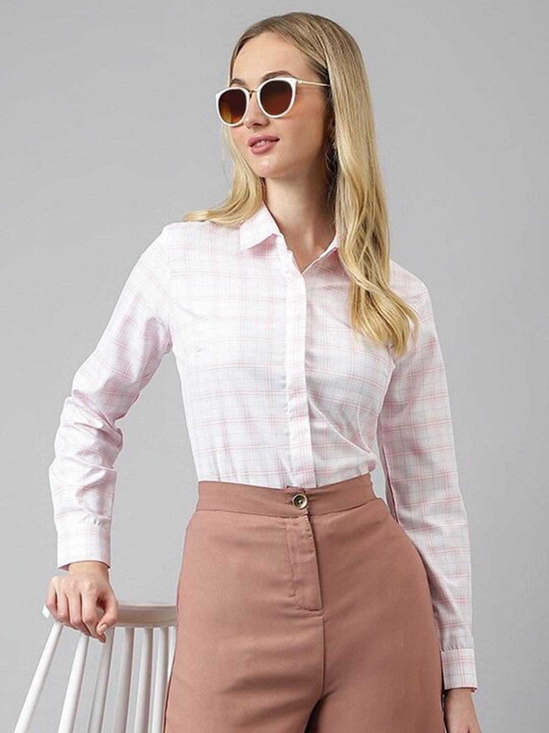 

English Navy Women Opaque Checked Formal Shirt, White