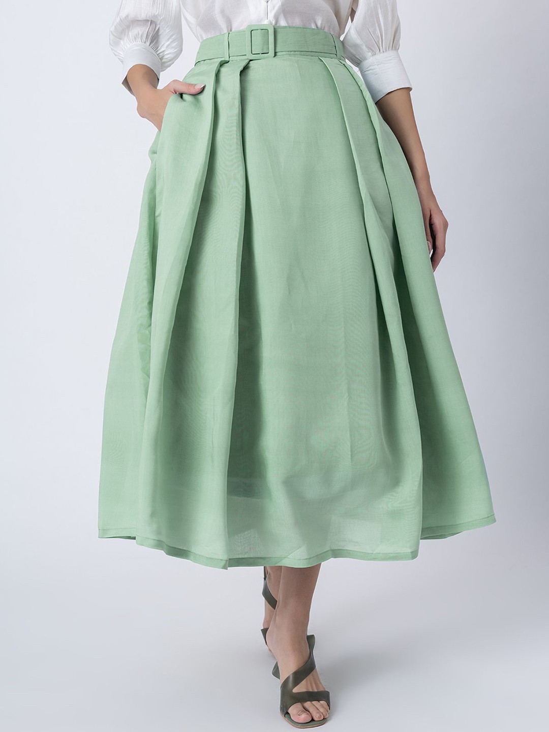 

Moomaya Pleated Maxi Flared Skirt, Green