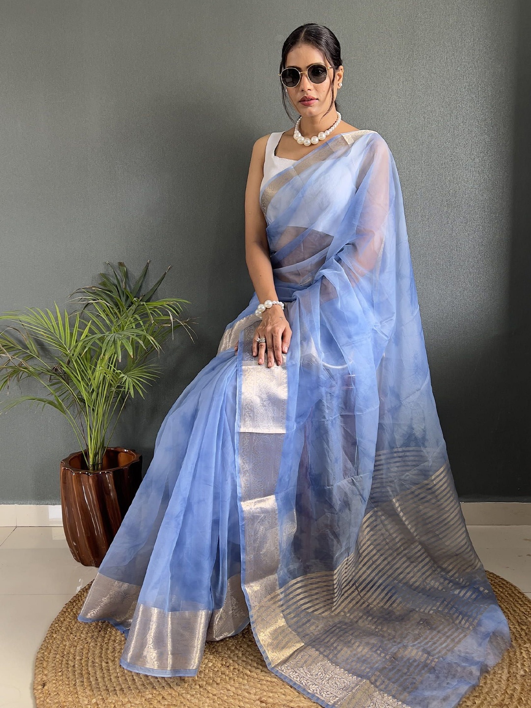 

KALINI Zari Organza Kanjeevaram Saree, Blue