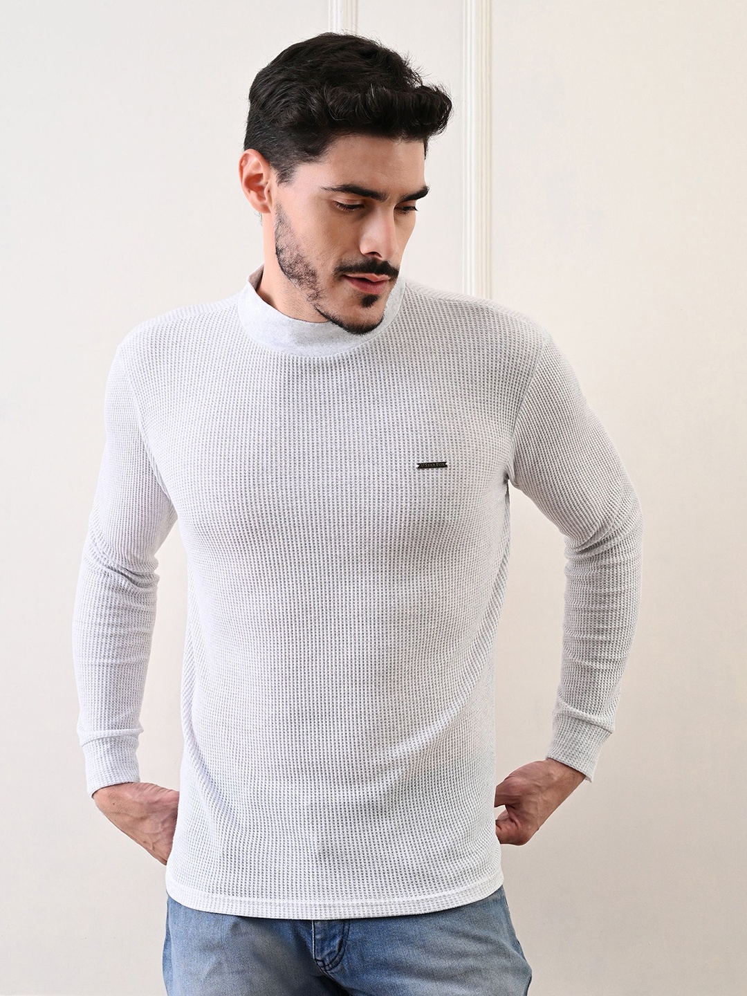 

STARFOX Mens Turtle Neck Textured Full Sleeve T-shirt, White