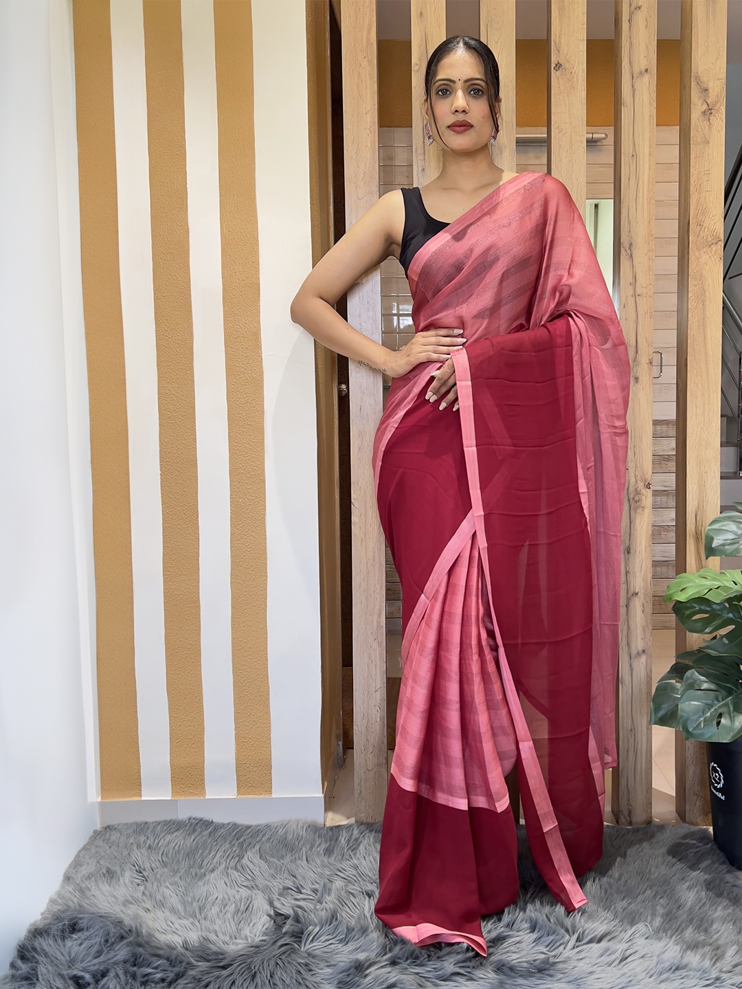 

KALINI Striped Pure Chiffon Ready to Wear Jamdani Saree, Pink