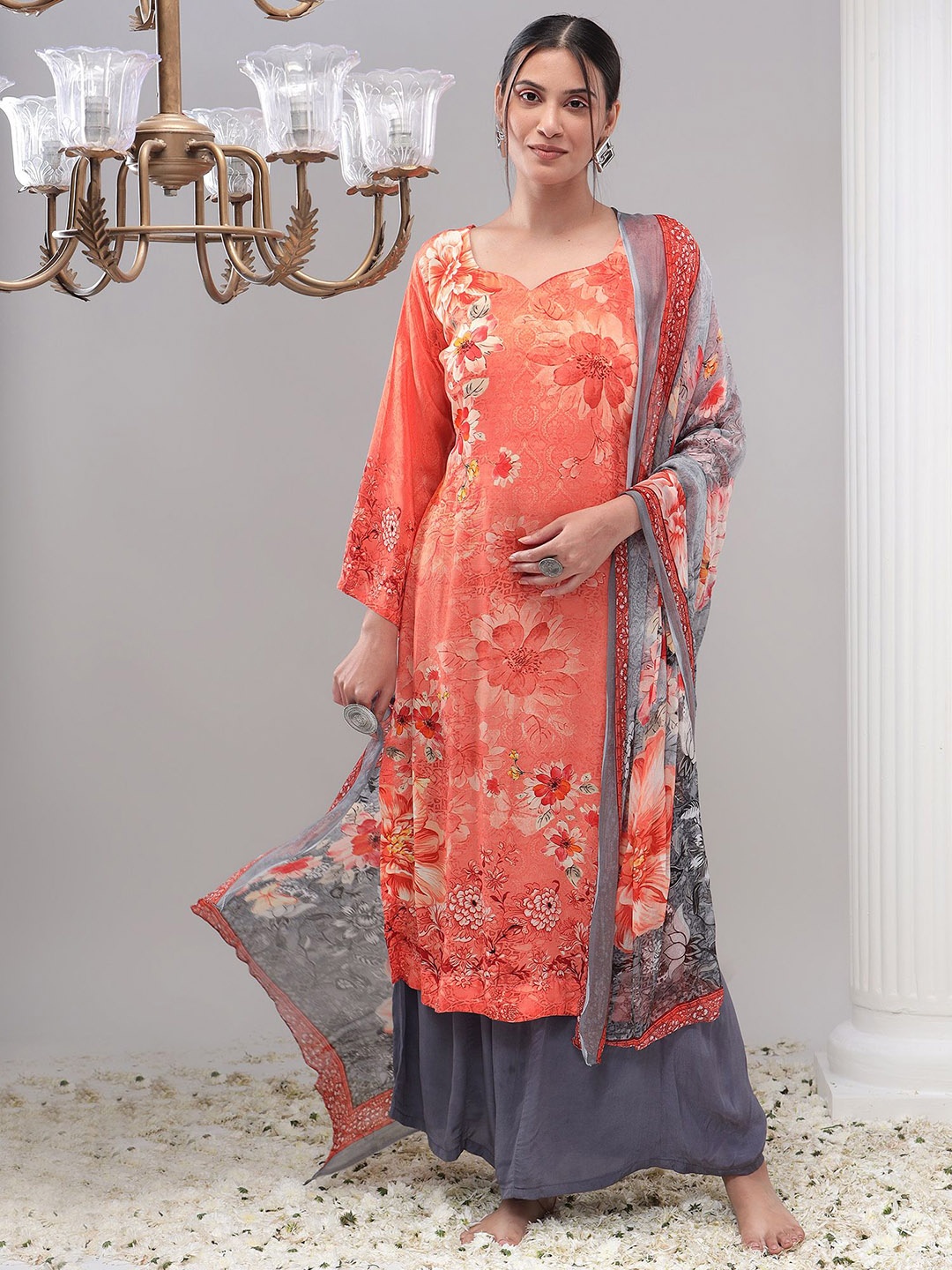 

REETI OF PRINTS Unstitched Dress Material, Orange