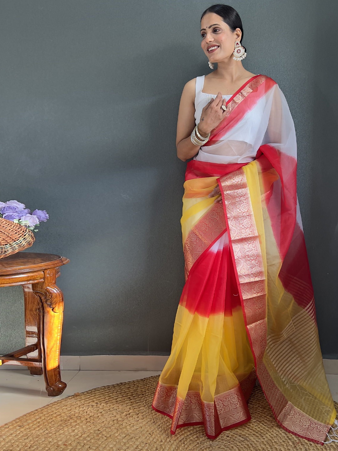 

KALINI Tie and Dye Zari Organza Leheriya Saree, Red