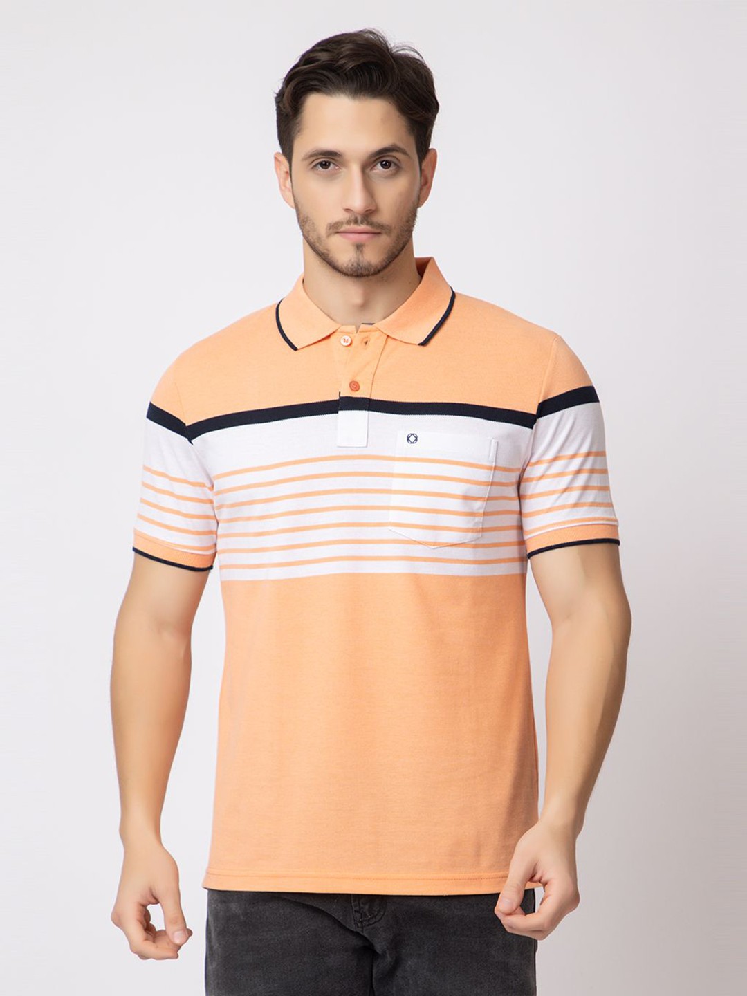 

ARIIX Men Striped Polo Collar Raw Edge T-shirt, Orange