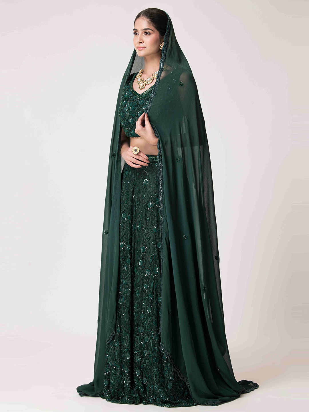 

The Front Row Embellished Beads and Stones Ready to Wear Lehenga & Blouse With Dupatta, Green