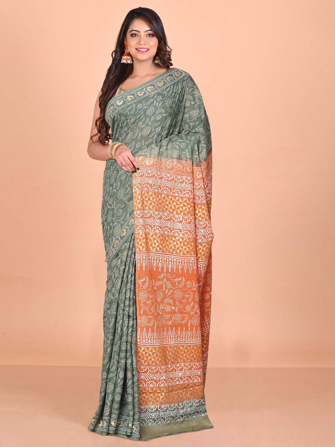 

Unnati Silks Floral Pure Cotton Handloom Block Print Saree, Green