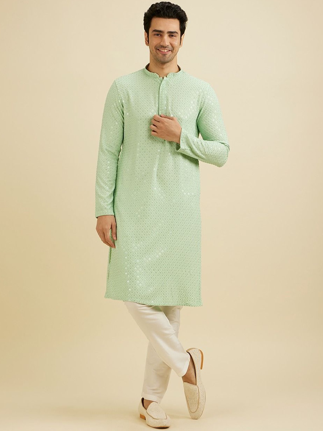 

Manyavar Men Embroidered Regular Sequinned Kurta with Pyjamas, Green