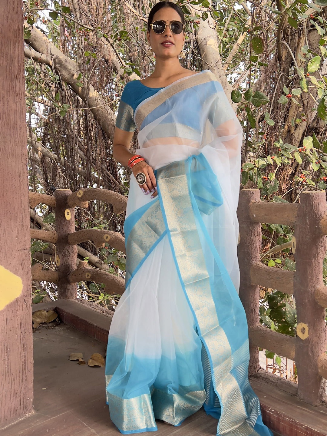 

KALINI Tie and Dye Zari Organza Handloom Leheriya Saree, Blue