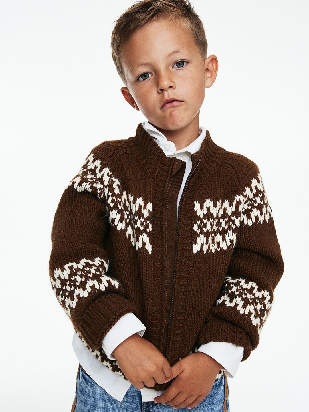 

H&M Infant Boys Jacquard-Knit Zip-Through Cardigan, Brown