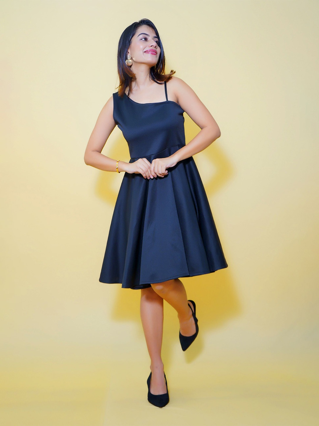

CRAZEVILLA One Shoulder Fit & Flare Dress, Black