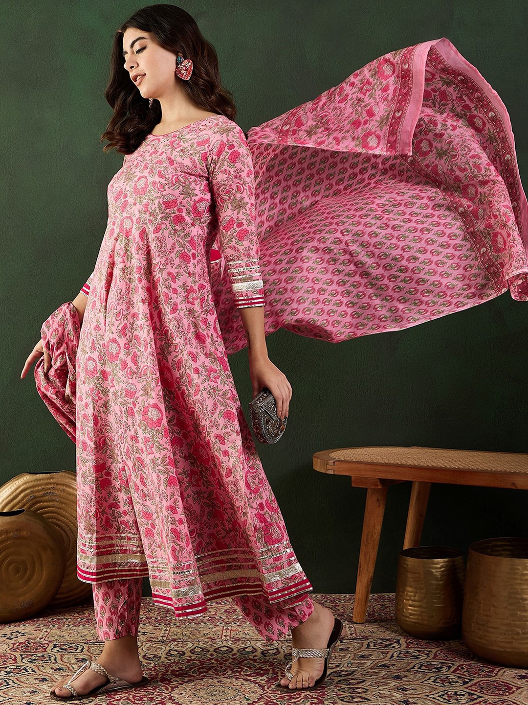 

Sangria Floral Printed Pure Cotton Anarkali Kurta & Trousers With Dupatta, Pink