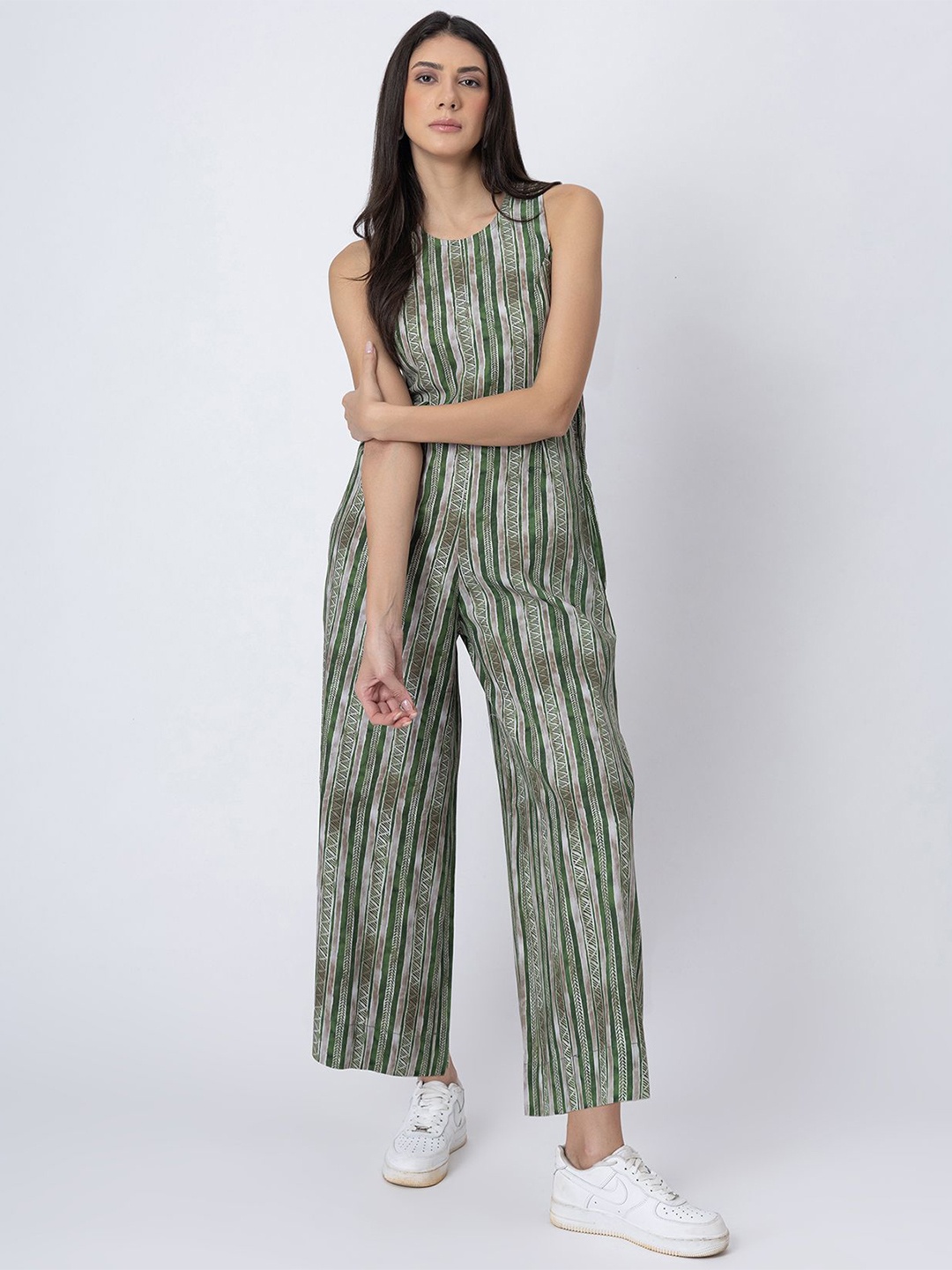 

Moomaya Linen Printed Basic Jumpsuit, Green