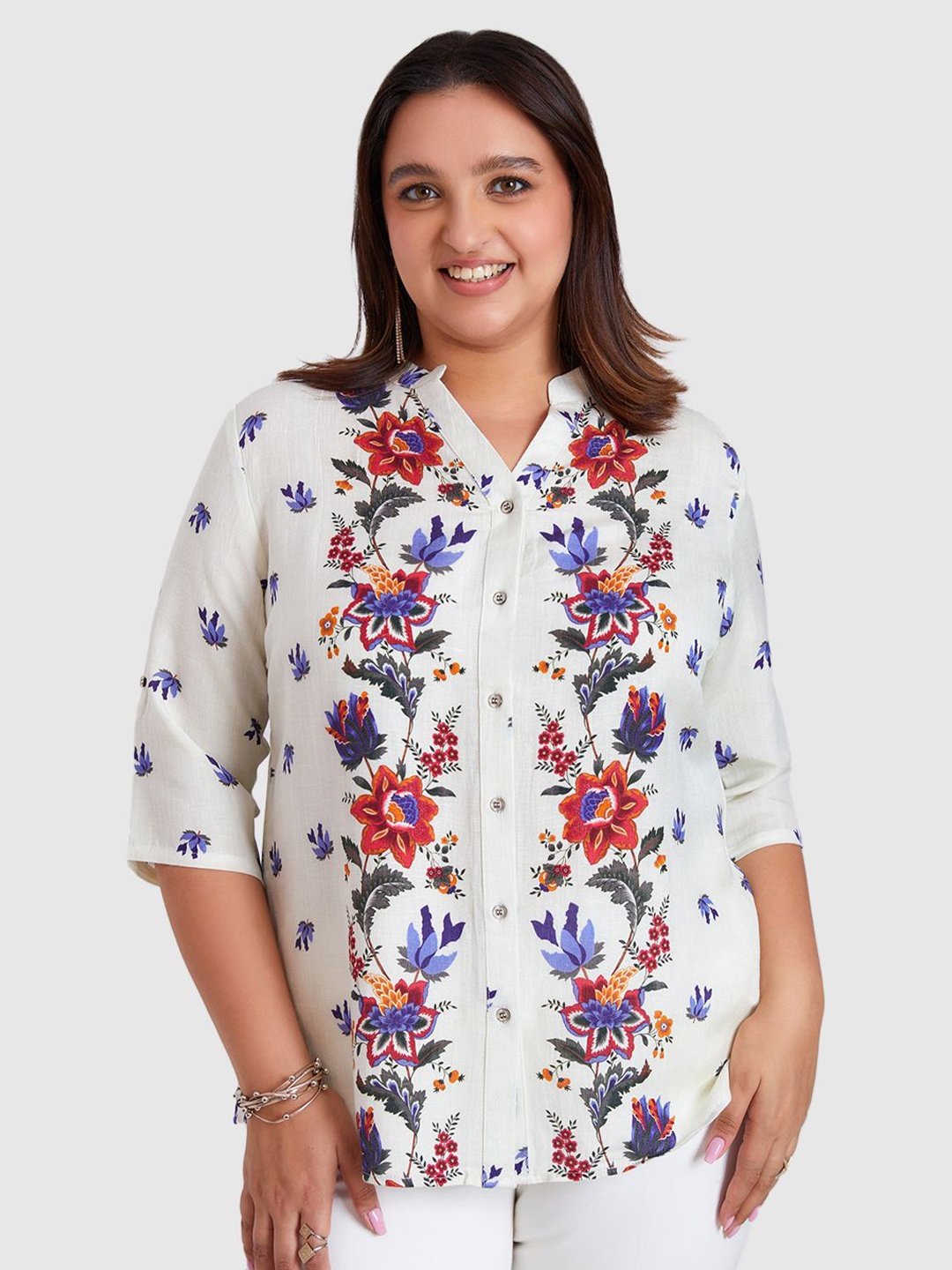 

Presence Floral Print Mandarin Collar Linen Shirt Style Top, White