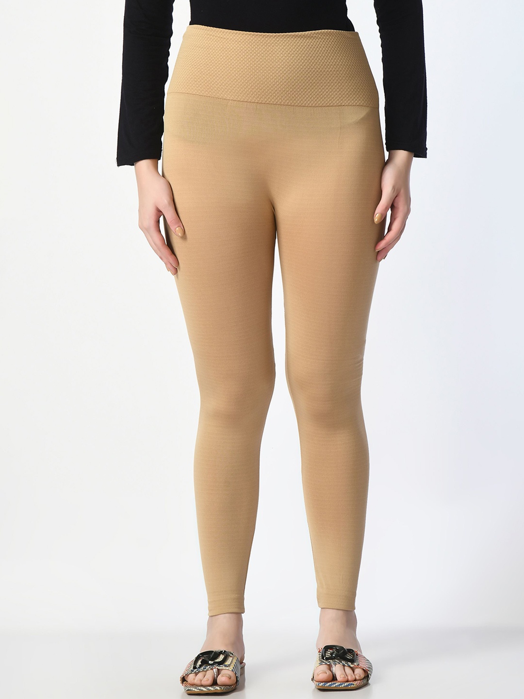 

Lebami Ribbed Mid-Rise Thermal Bottoms, Beige