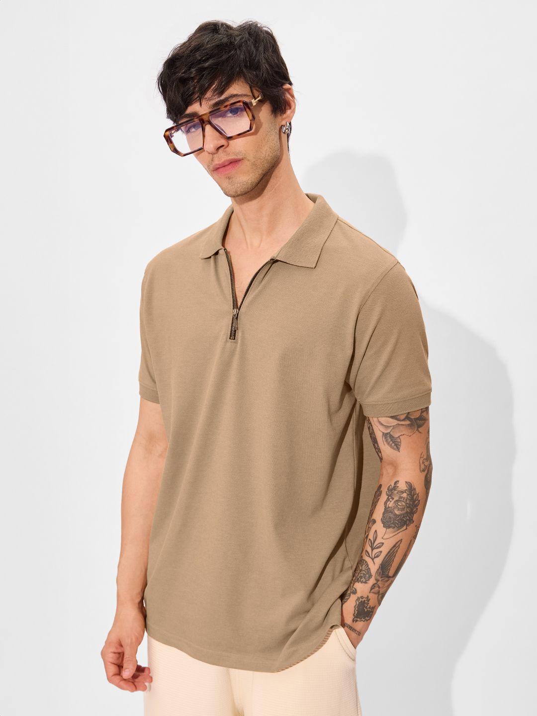 

The Souled Store Men Polo Collar T-shirt, Camel brown