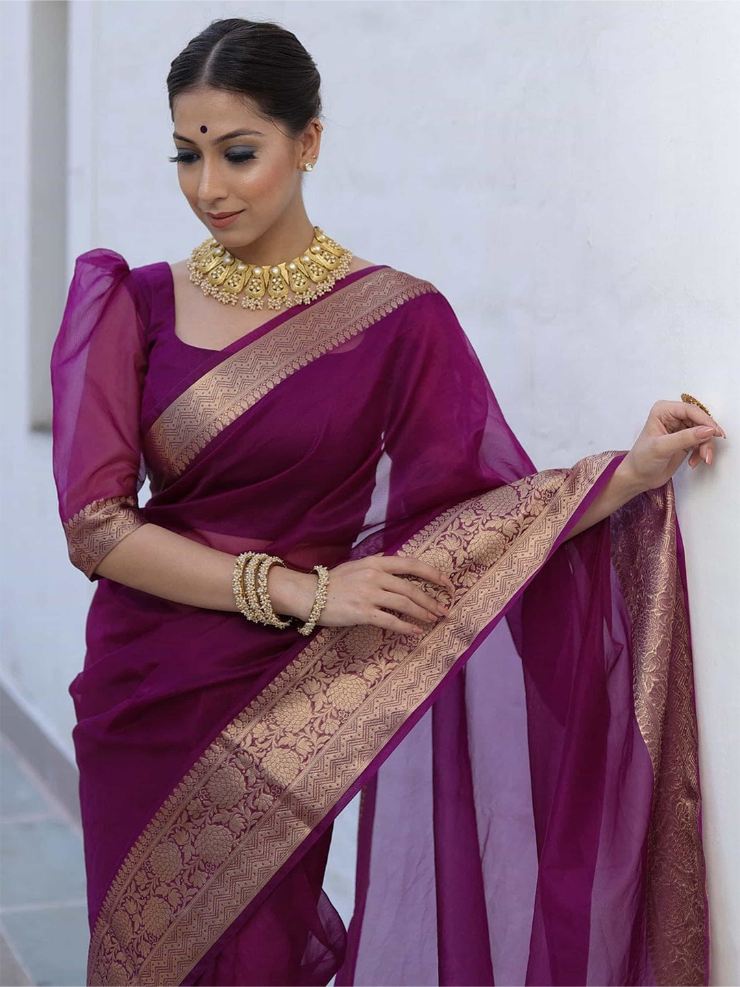 

KALINI Zari Organza Kanjeevaram Saree, Purple