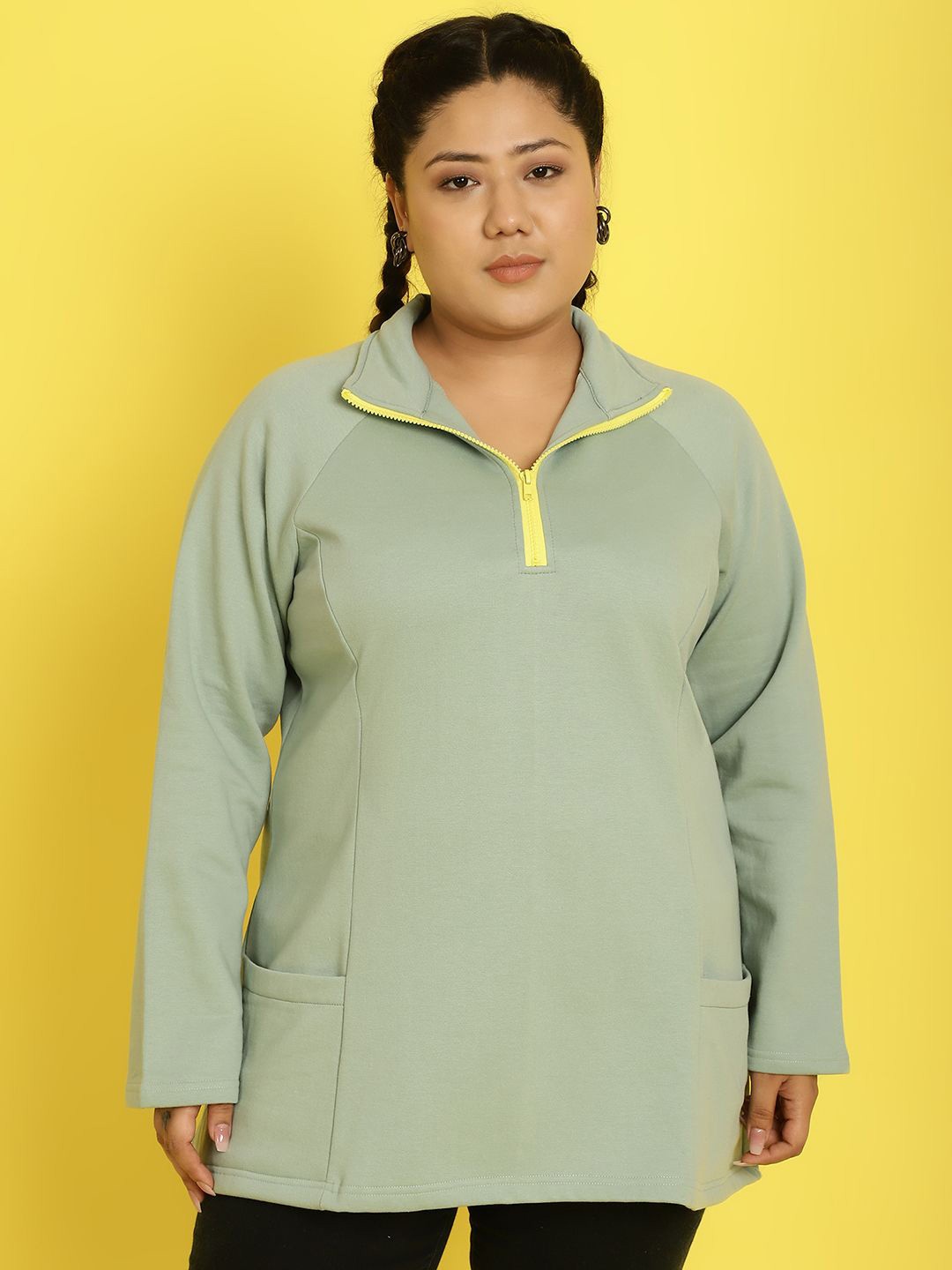 

theRebelinme Women Solid Shirt Collar Sweatshirt, Green