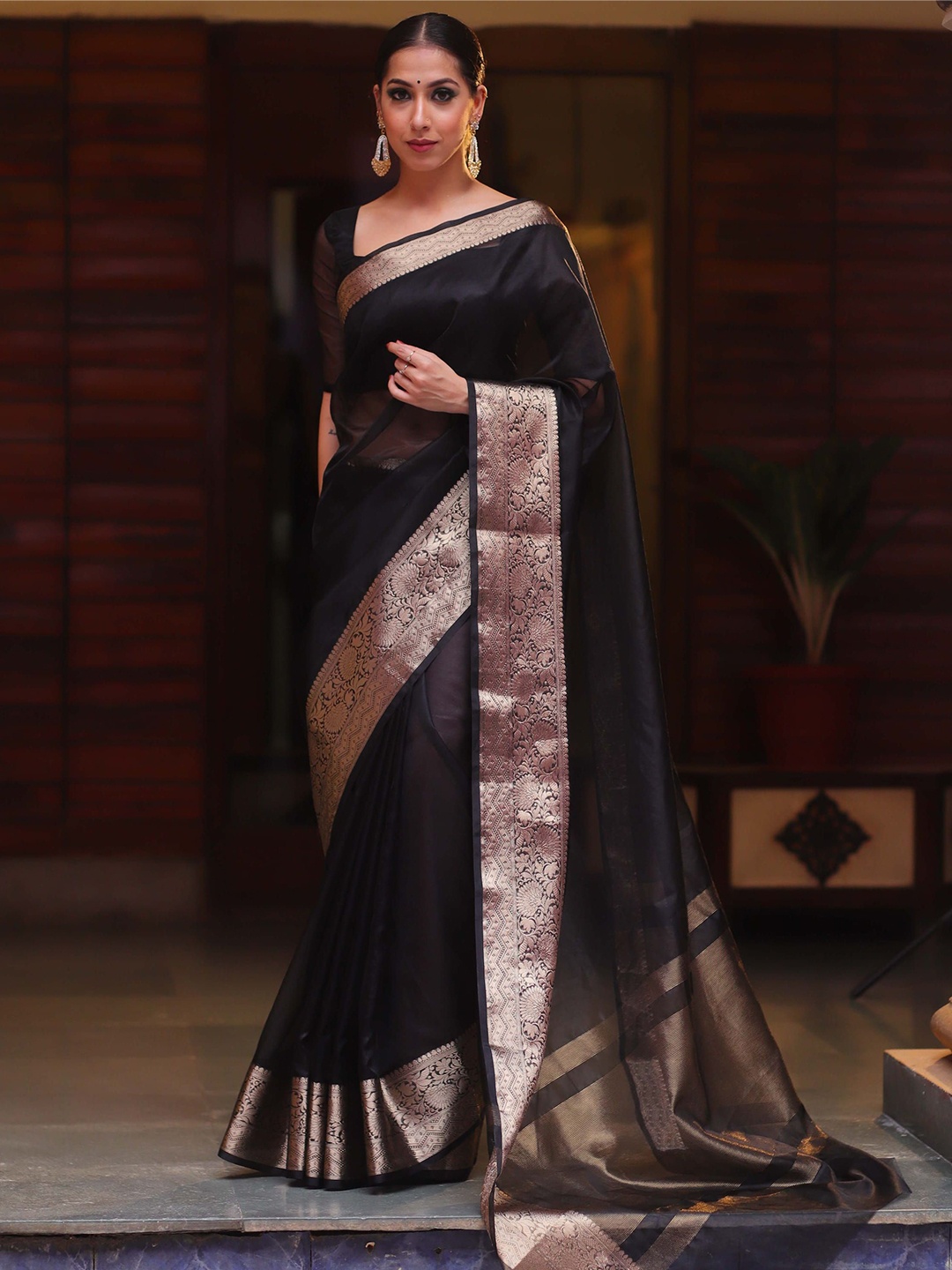 

KALINI Zari Organza Kanjeevaram Saree, Black