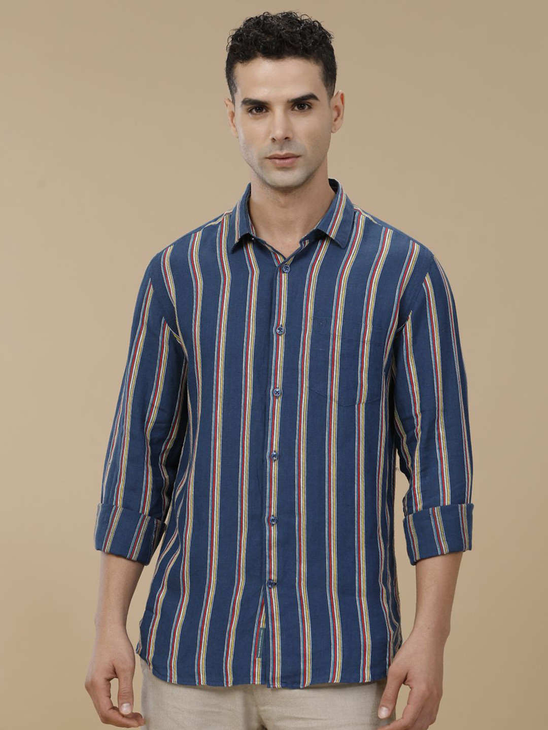 

Linen Club Contemporary Slim Fit Vertical Striped Linen Cotton Casual Shirt, Blue