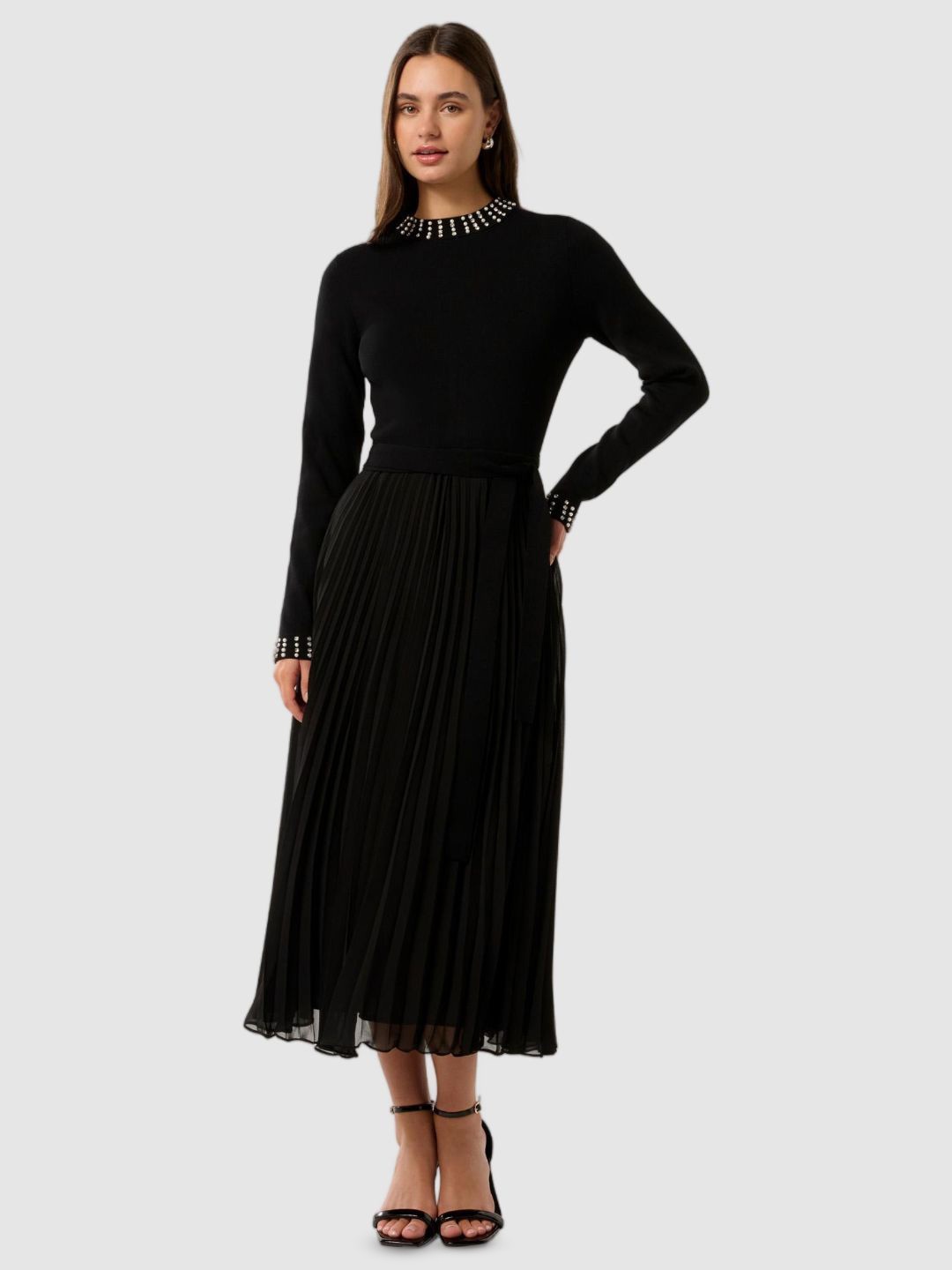 

Forever New Women High Neck Fit & Flare Midi Dress with a Belt, Black