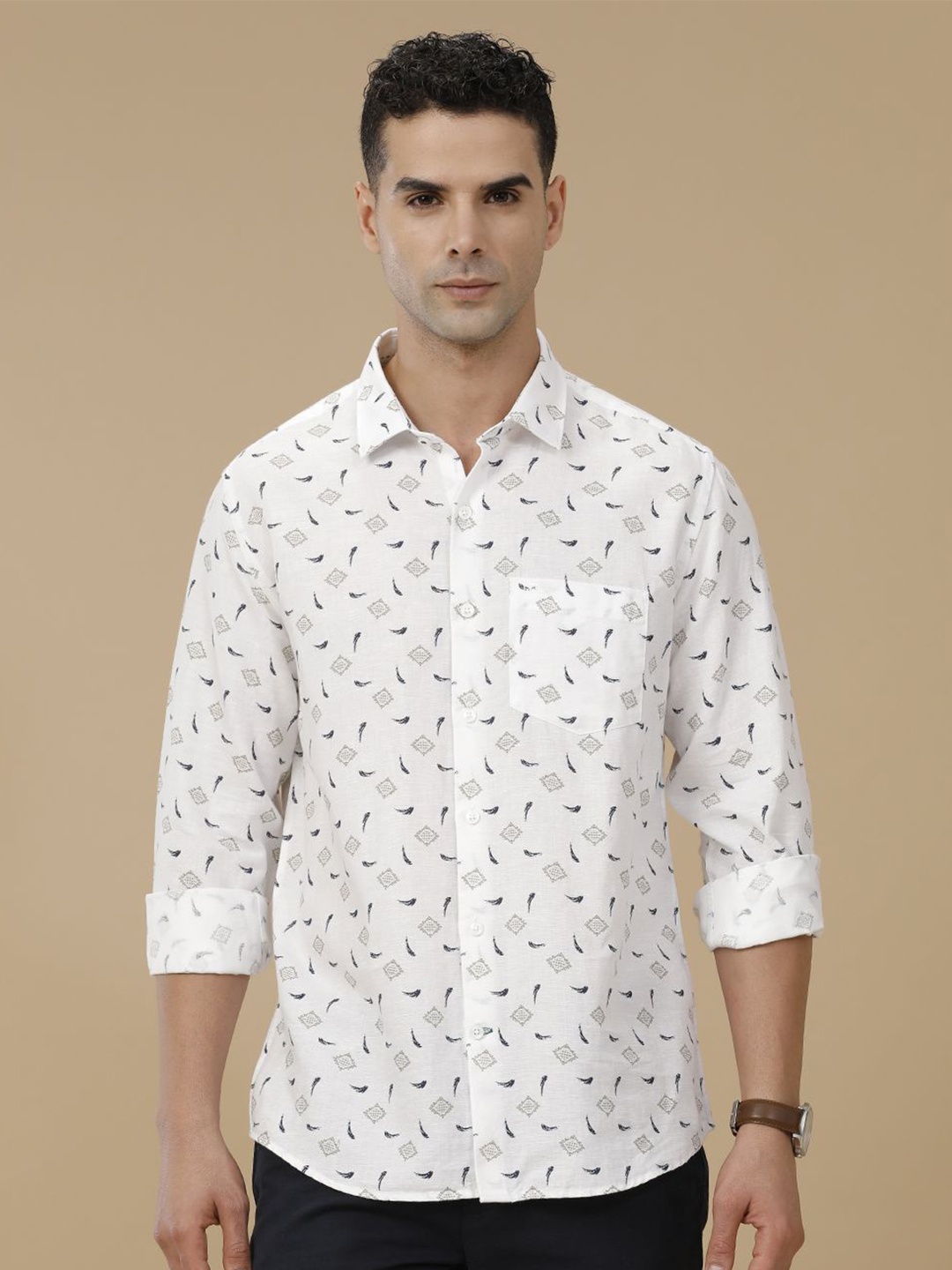 

Linen Club Contemporary Slim Fit Geometric Printed Linen Cotton Casual Shirt, White