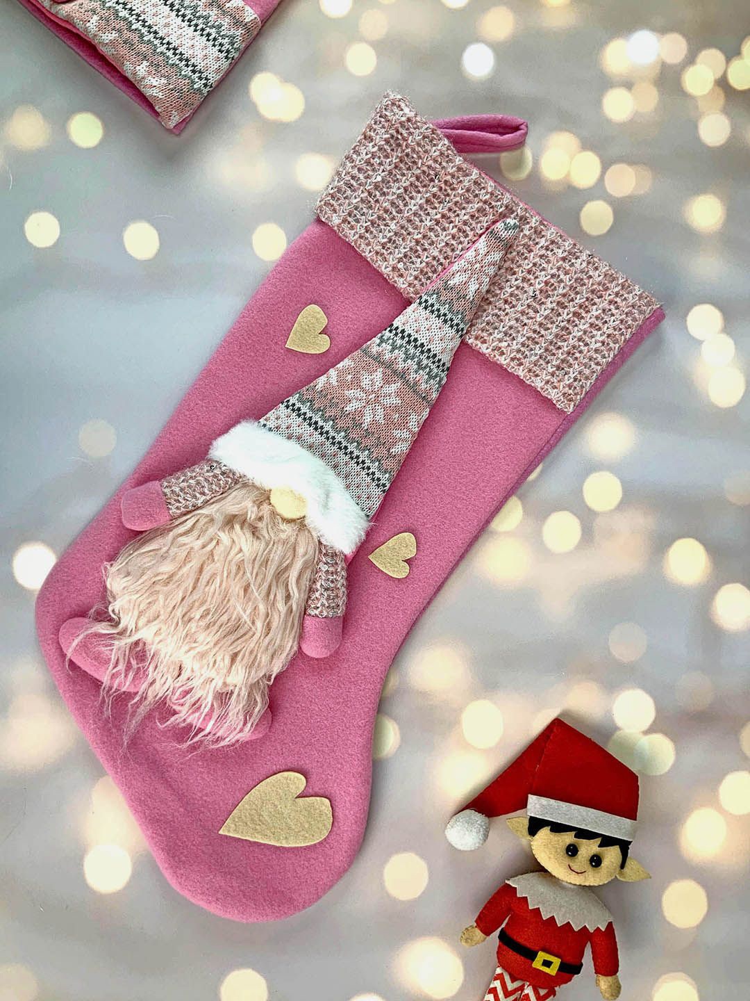 

Little Surprise Box LLP Pink & Brown Beard Gnome Christmas Stocking Festive Decor