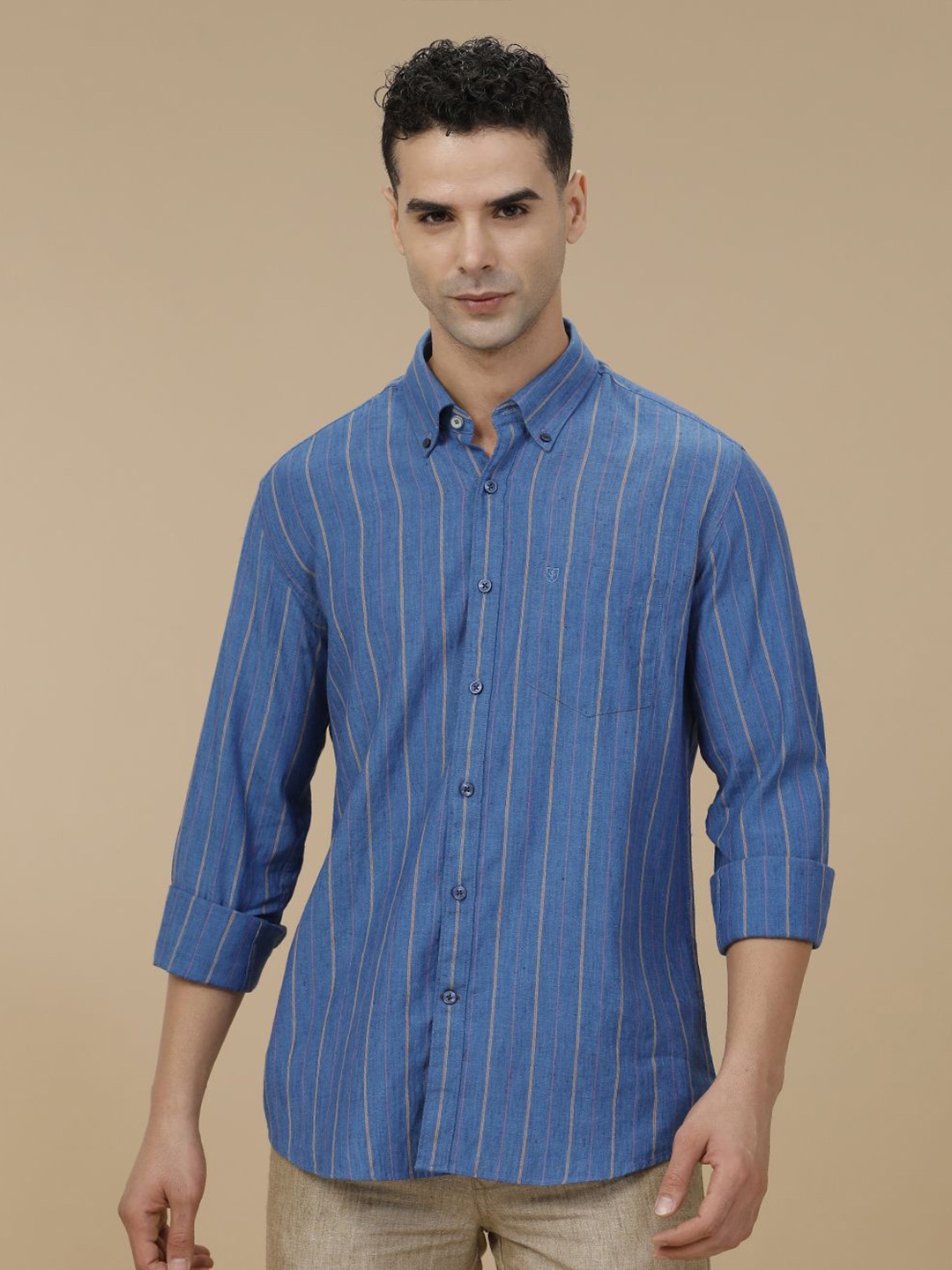 

Linen Club Contemporary Slim Fit Vertical Striped Linen Cotton Casual Shirt, Blue