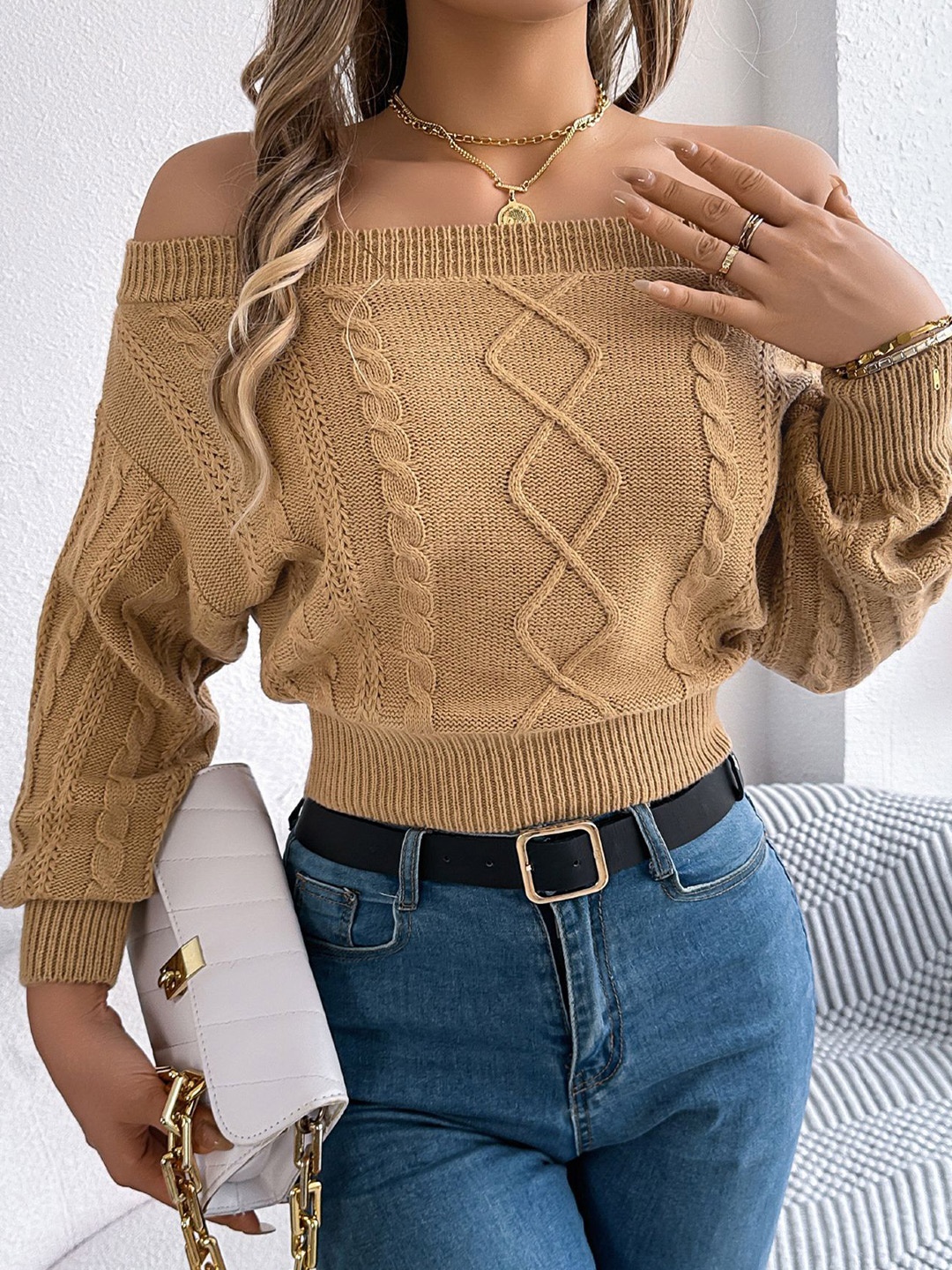 

StyleCast x Revolte Women Cable Knit Crop Pullover, Khaki