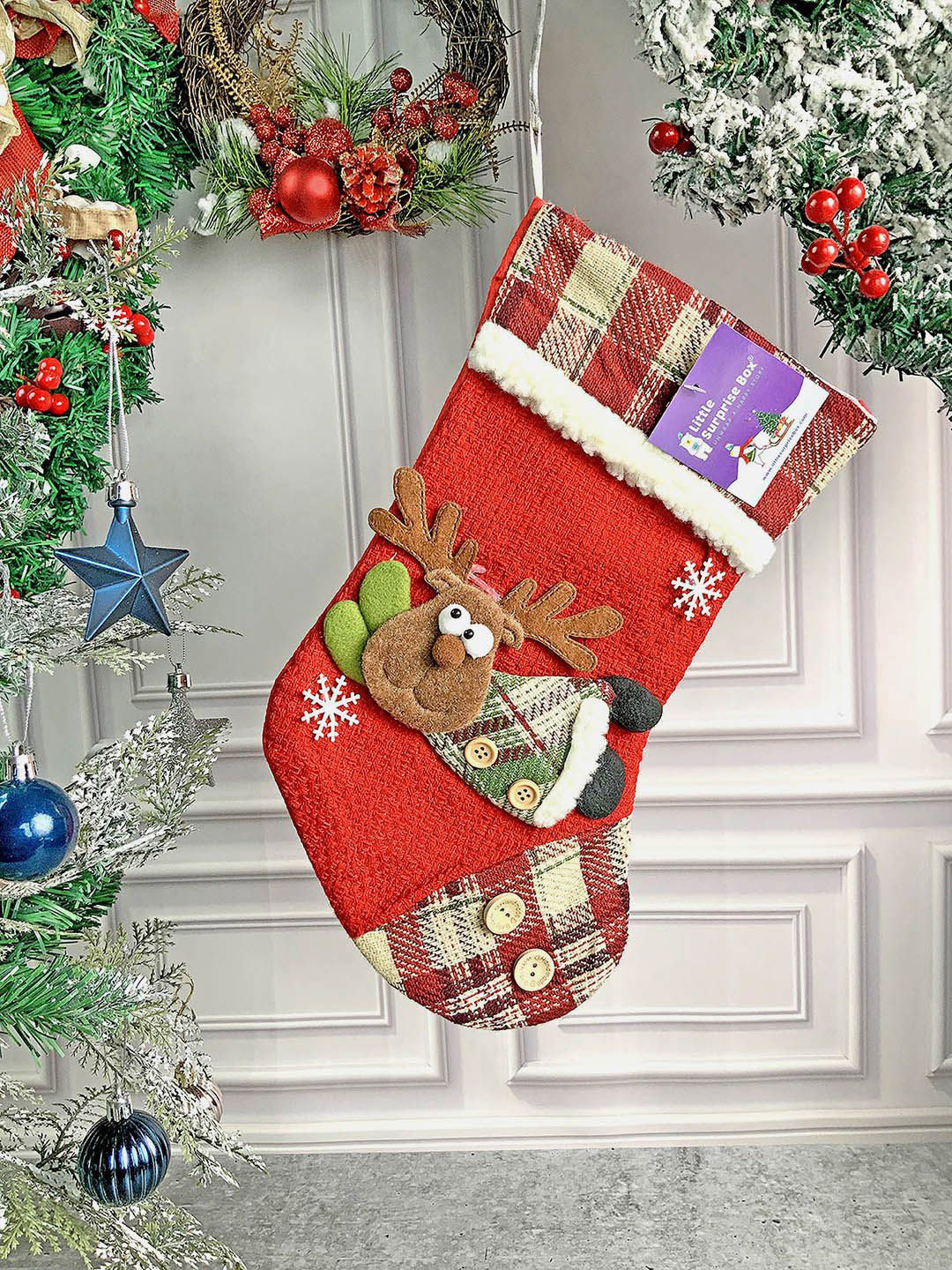 

Little Surprise Box LLP Kids Red & White Flying Deer Christmas Stocking Christmas Decor