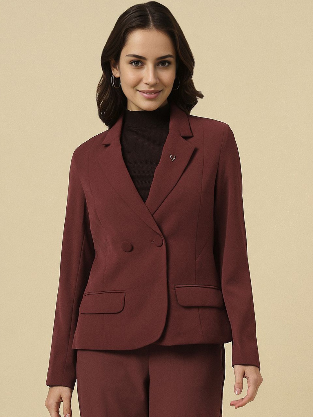 

Allen Solly Notched Lapel Double-Breasted Blazer, Maroon