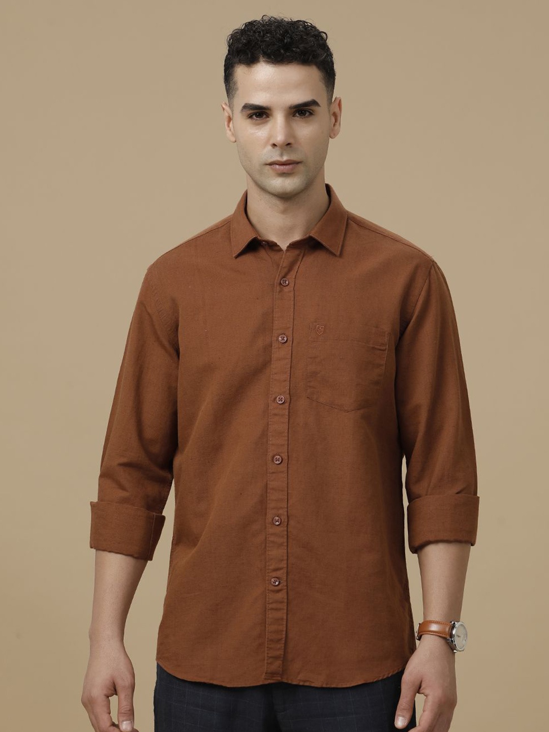 

Linen Club Contemporary Slim Fit Linen Cotton Casual Shirt, Brown