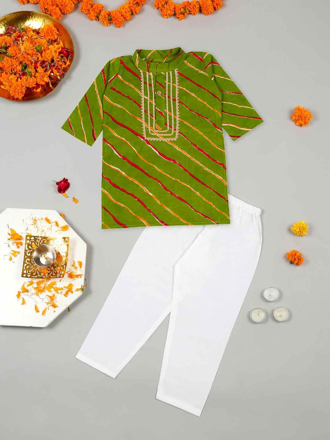 

LITTLE GINNIE Boys Mandarin Collar Leheriya Printed Straight Kurta with Trouser, Green