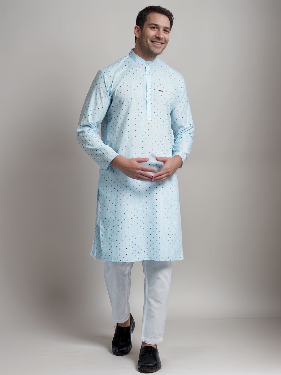 

DEVOILER Ethnic Motifs Printed Band Collar Cotton Straight Kurta, Blue