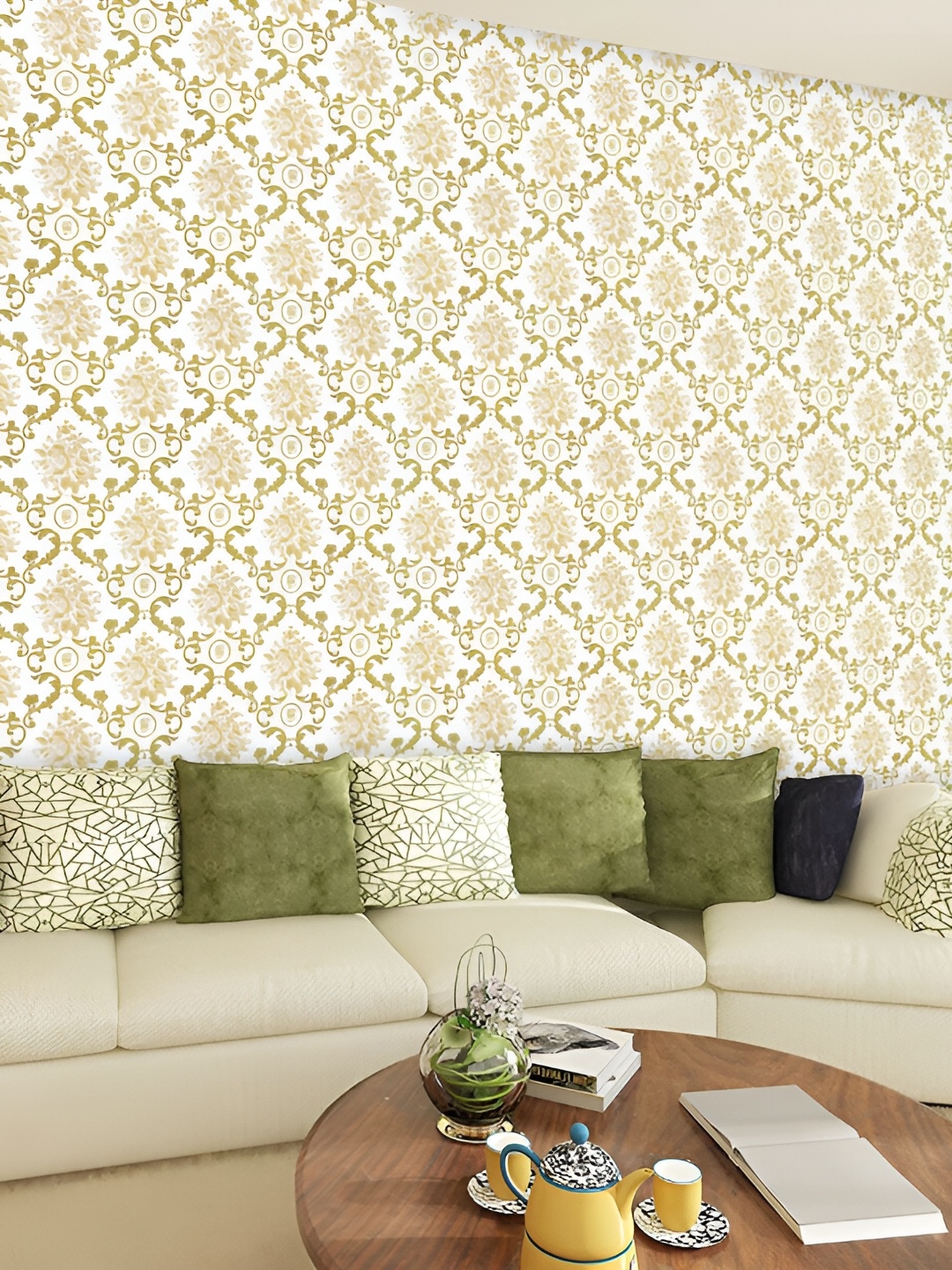 

Asian royal White & Green Ethnic Motifs Printed Waterproof Wallpaper