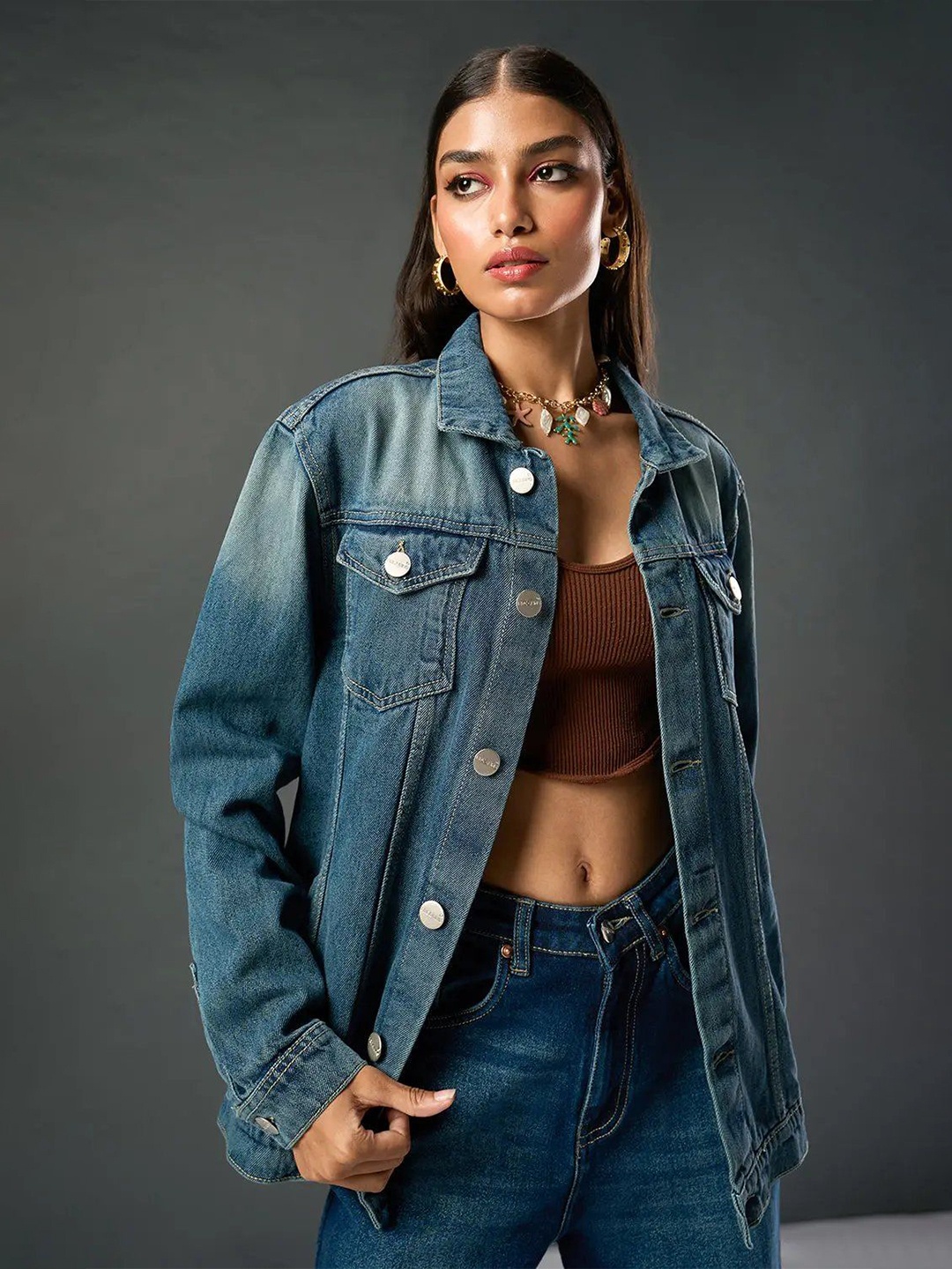 

FREAKINS Women Washed Denim Jacket with Patchwork, Blue