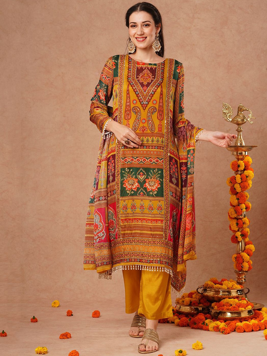 

FASHOR Ethnic Motifs Printed Beads and Stones Kurta with Palazzos & Dupatta, Mustard