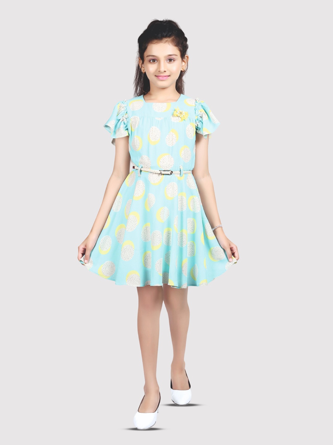 

Tiny Girl Floral Printed Flutter Sleeve Fit & Flare Dress, Green