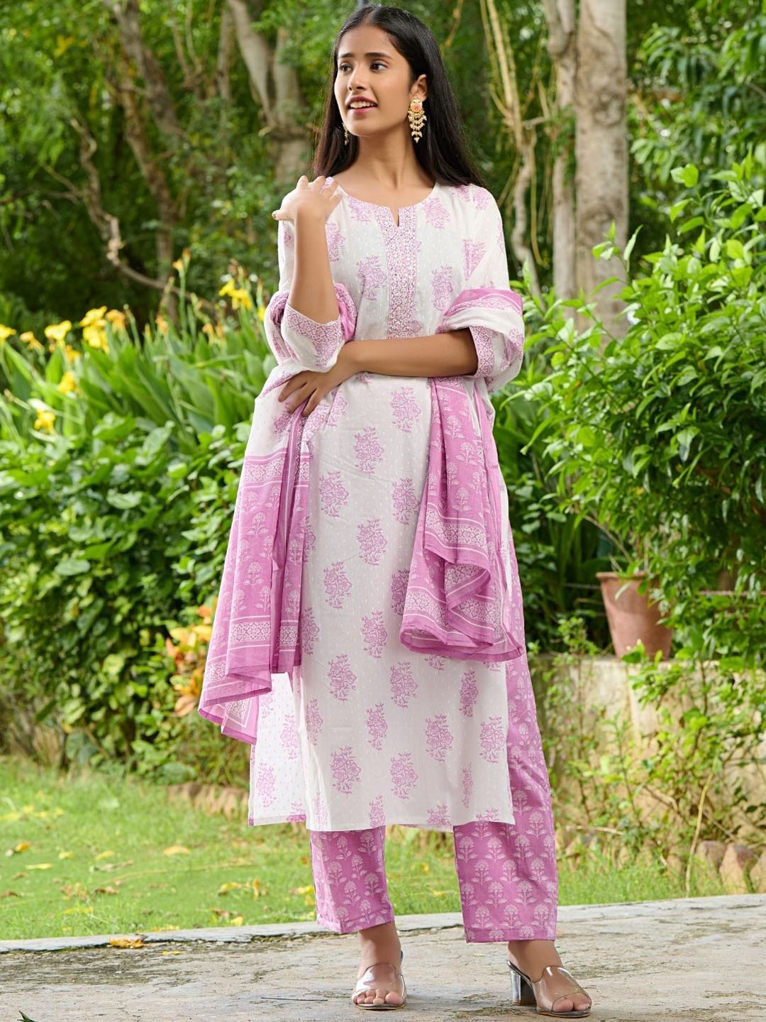 

PRETTY PALLU Floral Printed Pure Cotton Straight Kurta with Trousers & Dupatta, Pink