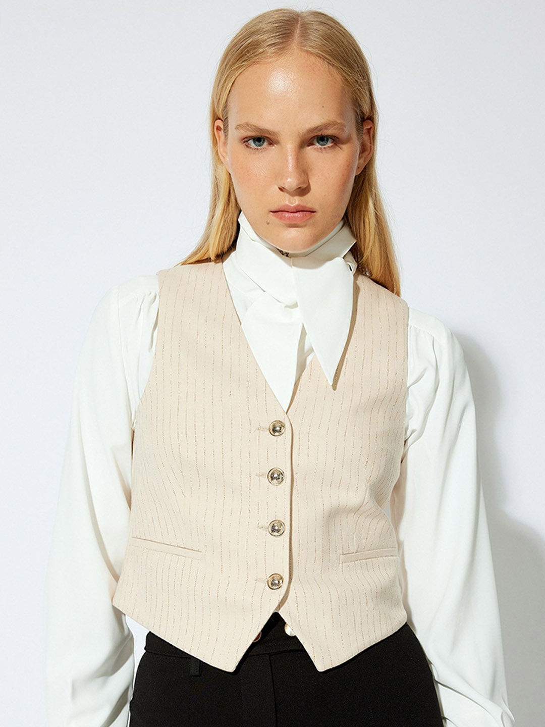 

Koton Striped V- Neck Waistcoat, Beige
