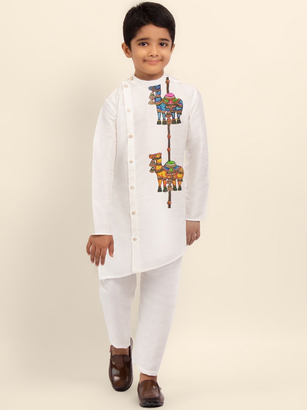 

DEVOILER Boys Ethnic Motifs Empire Dupion Silk Kurta with Pyjamas, White