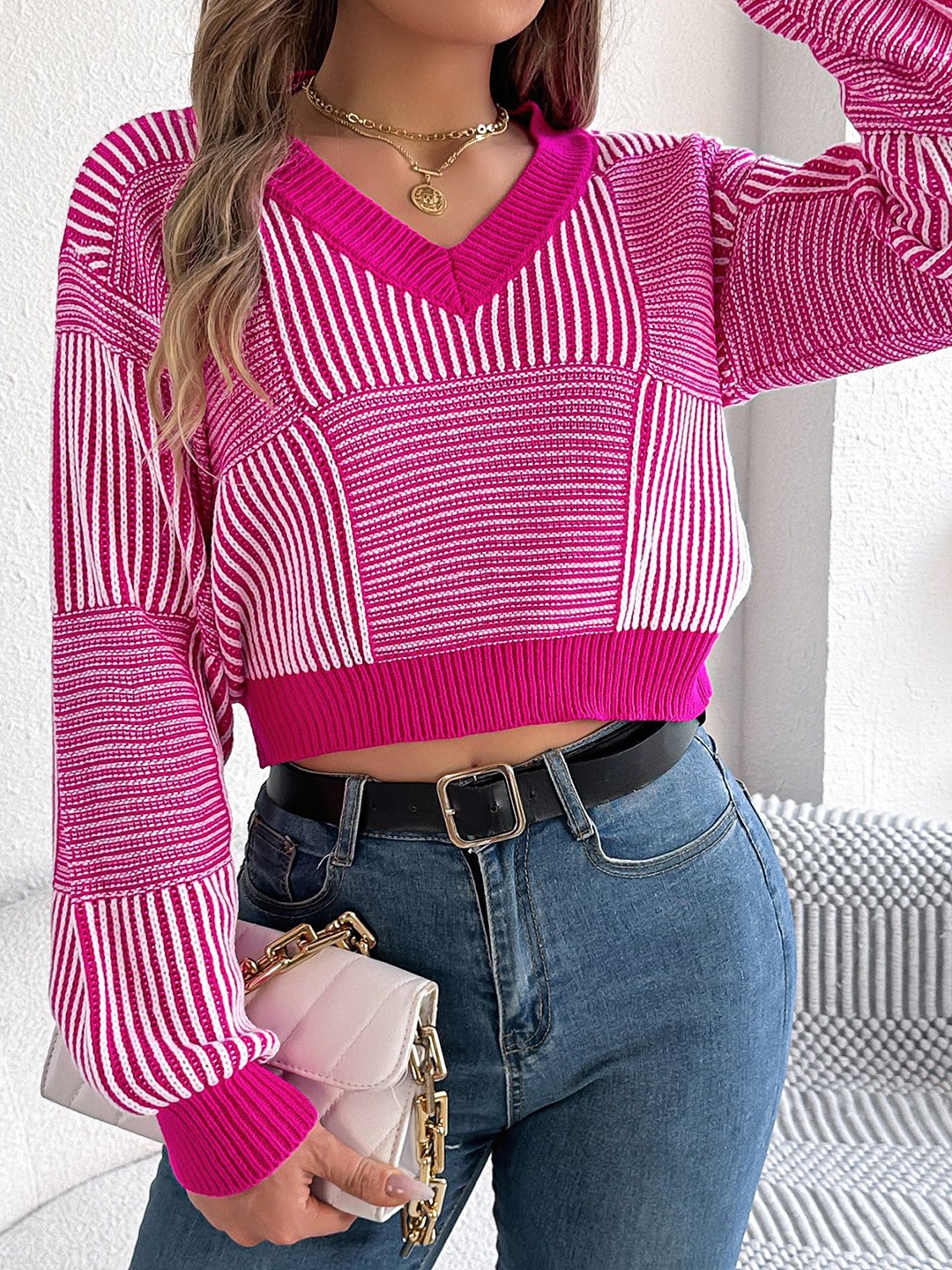 

StyleCast x Revolte Women Striped Crop Pullover, Fuchsia