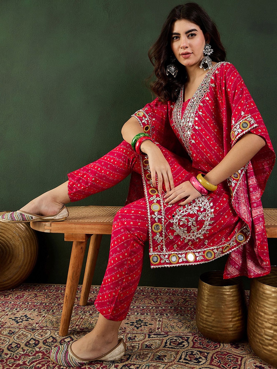 

Sangria Red Bandhani Printed Regular Mirror Work Kaftan Kurta With Trouser