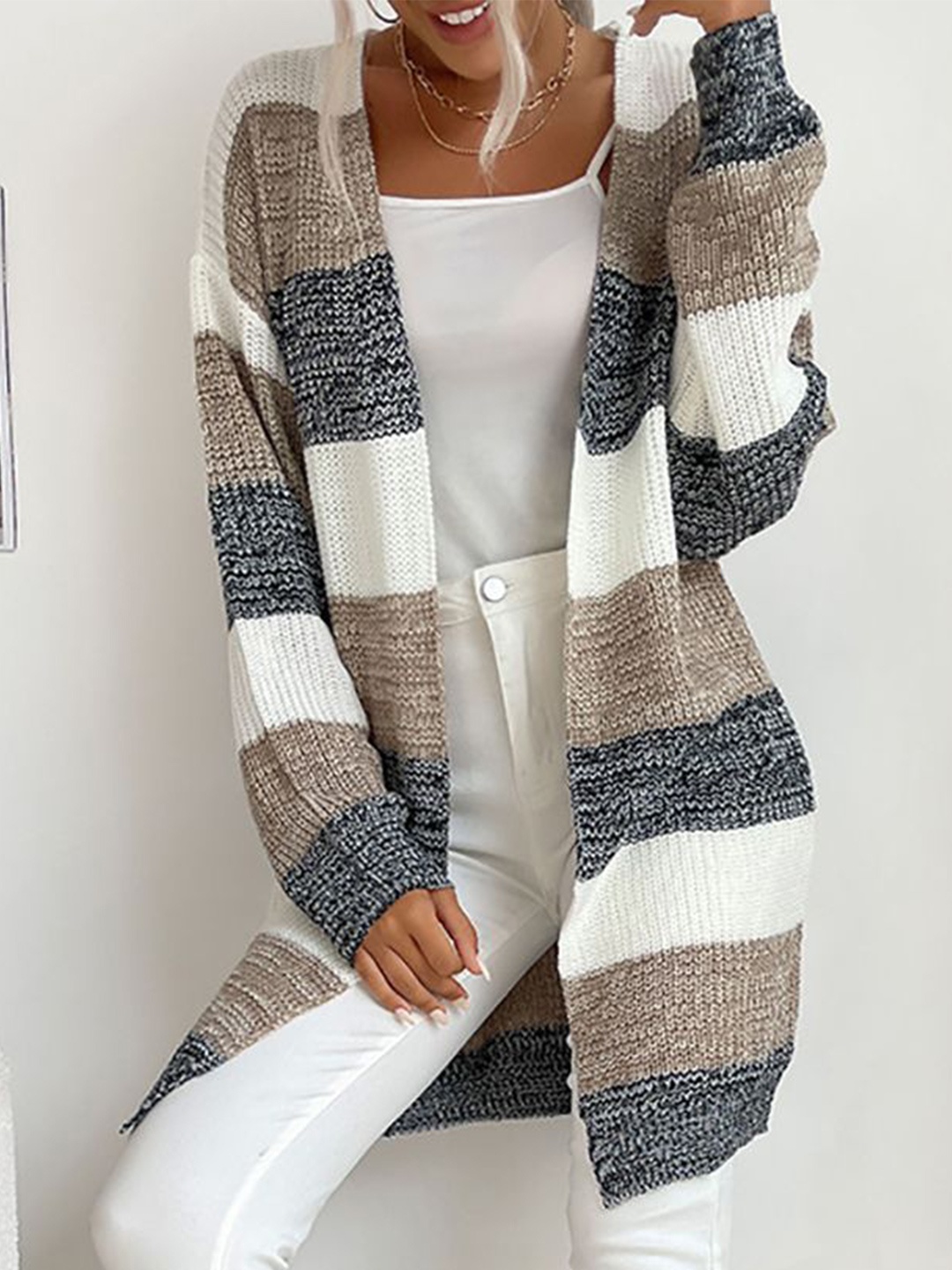 

StyleCast x Revolte Women Striped Longline Shrug, Grey