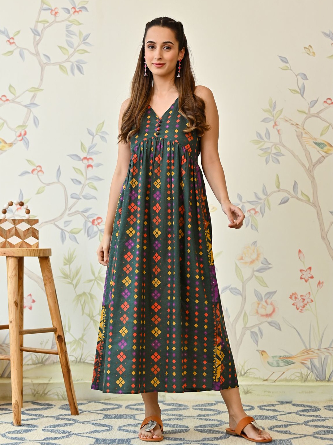 

Rustorange Women Floral Printed Cotton A-Line Maxi Dress, Green