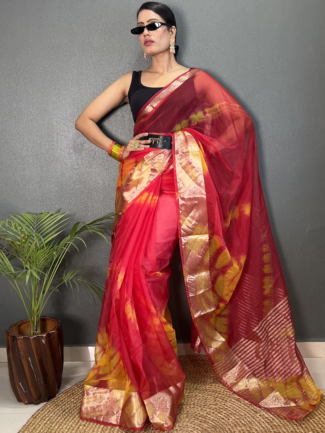 

KALINI Tie and Dye Zari Organza Leheriya Saree, Red