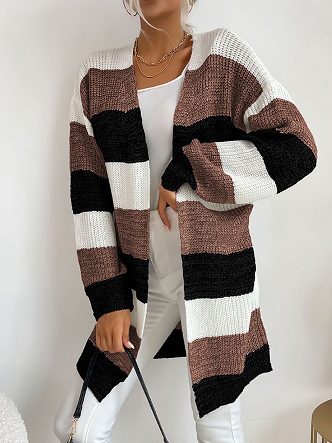 

StyleCast x Revolte Women Striped Longline Shrug, Brown