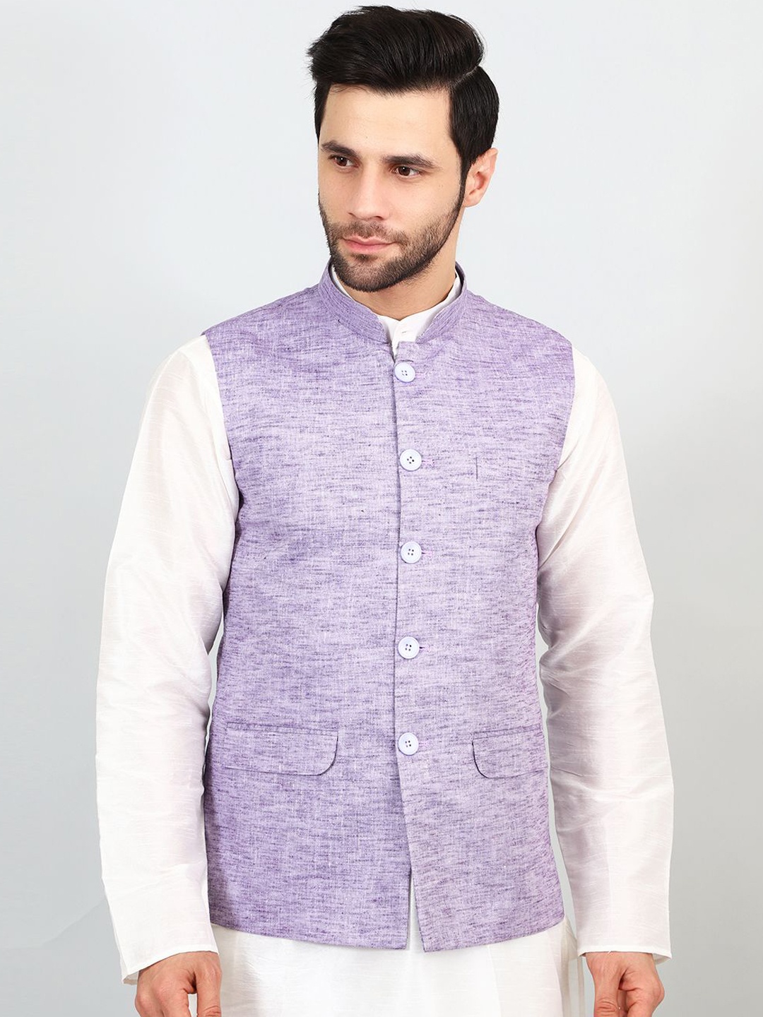 

Wintage Mandarin Collar Linen Cotton Straight Kurta with Pyjamas & Nehru Jacket, White