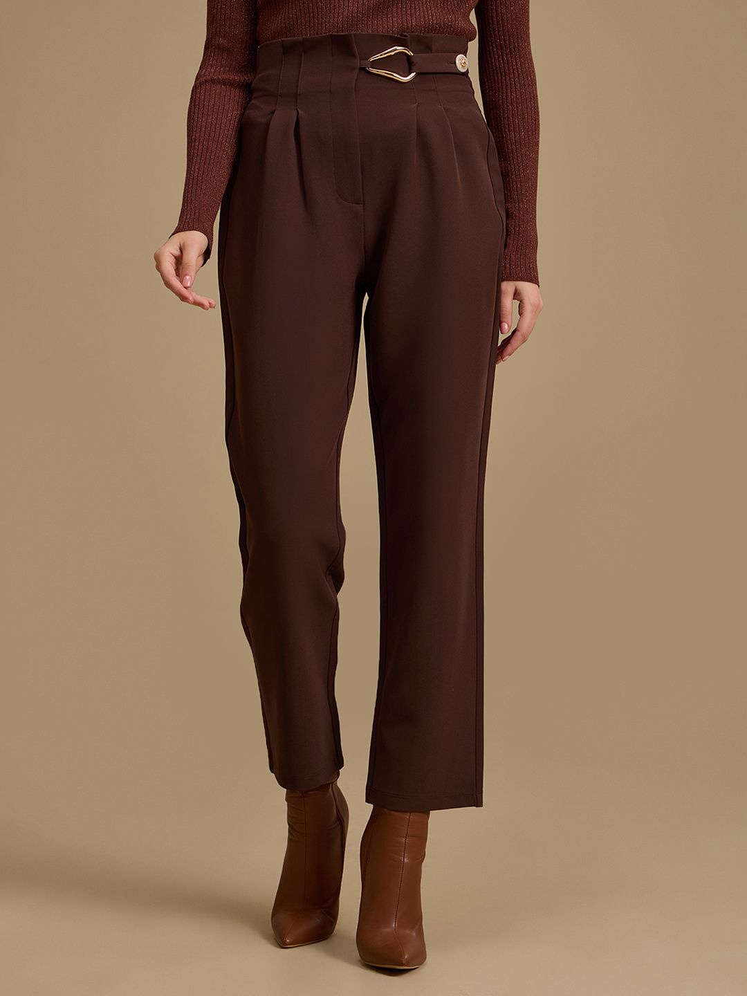 

Kazo Women Relaxed Straight Fit High-Rise Trousers, Brown