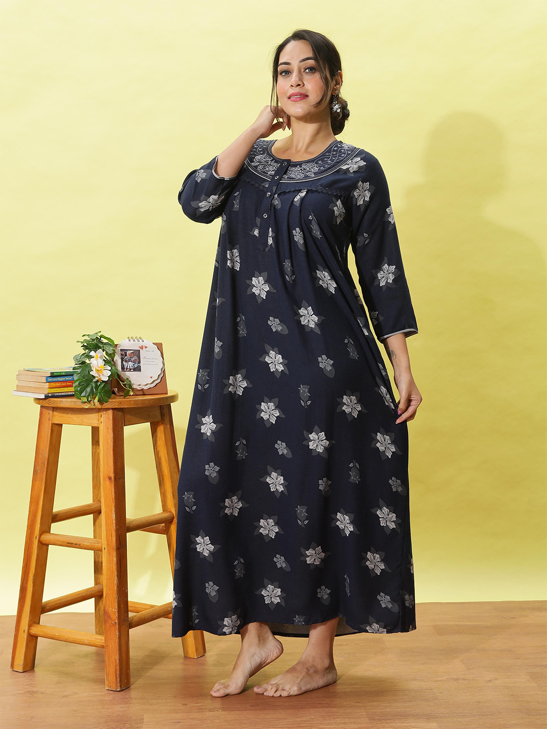 

9shines Label Women Floral Printed Maxi Nightdress, Navy blue